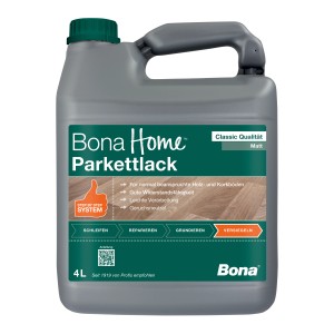 Grauer 4 l Kanister Bona Home Parkettlack Classic matt für Holz- und Korkböden.