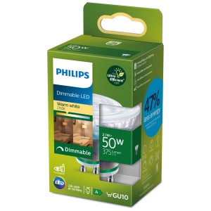 Philips Classic LED GU10, dimmerabile, 50W, 2700K, ultra efficiente, nella scatola verde.