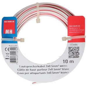 Weißes Lautsprecherkabel, 2x0,5 mm², 10 m Rolle für Audio- und Videoanwendungen.