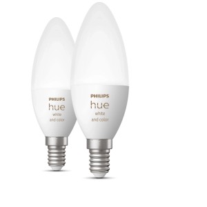 Zwei Philips Hue White & Color Ambiance E14 LED Lampen (6,5W, 470lm) im Set.
