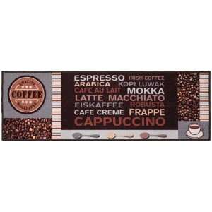 Tappeto runner Andiamo Cafe Creme, marrone-grigio, 50x150 cm, con motivo caffè per cucina e corridoio.