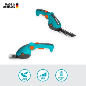 Gardena ComfortCut Li Set cisailles à gazon et à arbustes sans fil, turquoise/gris, avec deux lames.