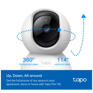 Weiße Tapo C210 Netzwerkkamera zur Home Security mit Schwenk- und Neigefunktion.