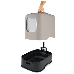 Lettiera per gatti Rotho Biala Capuccino con paletta e filtro, mostrata smontata.
