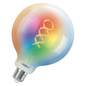 Lampadina LED Osram Matter E27 dimmerabile a forma di globo con cambio colore e filamento.