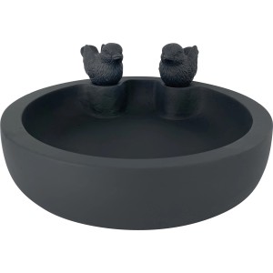 Bacinella per uccelli grigio scuro (Ø 22 cm) con due figure di uccelli sul bordo.