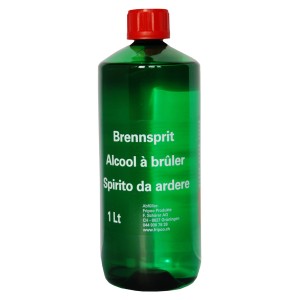 Fiesta Alcool à brûler 1 l en bouteille verte avec bouchon rouge.