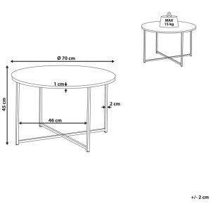 Schéma : Table basse Quincy, Ø 70 cm, aspect marbre, structure dorée, dimensions.
