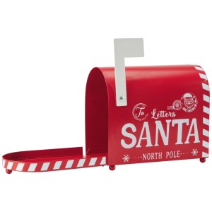 Boîte aux lettres décorative de Noël OBI rouge et blanche en fer avec inscription 'SANTA' et rayures, ouverte. Pour déco festive.