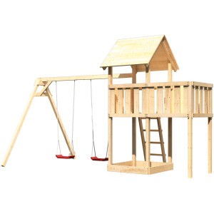 Karibu Spielturm Lotti mit Doppelschaukel und Anbauplattform aus Holz.