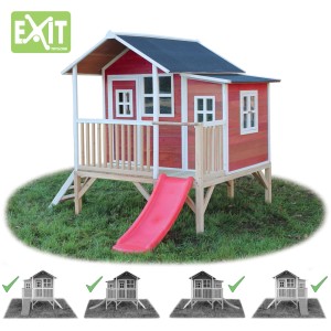 Maisonnette en bois rouge EXIT Loft 350 avec toboggan et extension pour que les enfants jouent dans le jardin.