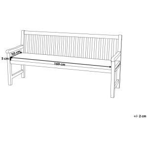 Schéma d'un coussin de banc rouge Vivara (5x169x50 cm) sur un banc de jardin avec dimensions.