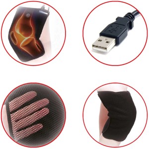Stylies fascia riscaldante per ginocchio, nera, con cavo USB, struttura a rete e applicazione sul ginocchio.