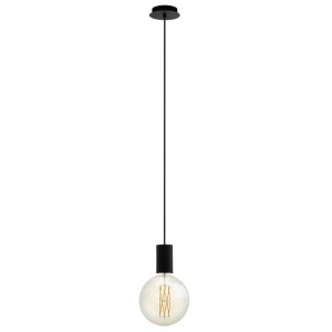 Suspension noire Eglo Pozueta avec douille E27 et ampoule visible.