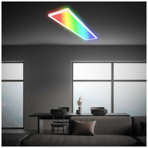 Panneau LED dimmable Briloner RGB+W, 36W, avec télécommande dans un salon moderne.