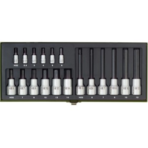 Jeu de douilles Proxxon Hex 1/4 et 1/2, 18 pièces dans un coffret en acier.