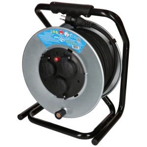 Enrouleur de câble en acier noir Max Hauri avec câble de 33 m, 3 prises T13 et protection IP55.