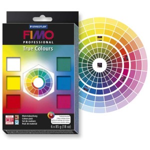 Fimo Professional True Colours Materialpackung mit 6 Farben à 85g und Farbmischprospekt.