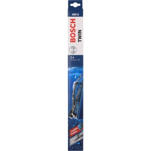 Spazzola tergicristallo Bosch Twin Single 450U nella confezione, accessorio auto per una visione chiara.