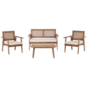 Salon de jardin Beliani Arenella 4 pièces : acacia bois clair, deux fauteuils, canapé deux places, table. Mobilier de jardin.
