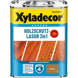 Boîte de lasure bois Xyladecor 2en1, teinte noyer mat. Lasure pour bois extérieur.