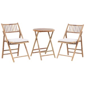 Ensemble bistro 3 pièces Savelletri en bambou avec table pliante et chaises avec coussins.