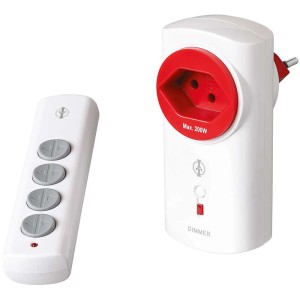 Intertechno Funk-Dimmer-Set: Weißer Adapter mit rotem Rand und Fernbedienung zur Hausfunksteuerung.