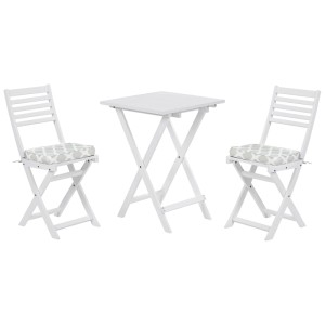 Ensemble balcon 3 pièces Fiji : Table pliante et 2 chaises en acacia blanc, coussins menthe.