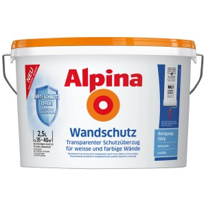 Secchio di Alpina Protezione Murale Trasparente satinato 2,5 l per pareti bianche con effetto anti-sporco.