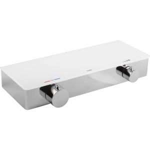 Miscelatore termostatico per doccia baliv DU-2050 in vetro bianco e cromo con due manopole.