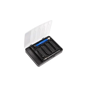 Jeu de précision LUX Classic, 32 pièces dans une boîte noire ouverte avec un tournevis bleu.
