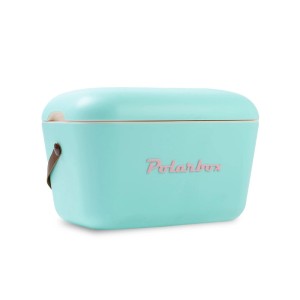 Cyanfarbene Polarbox Kühlbox Retro Cooler aus Polypropylen mit braunem Trageriemen, 20 l Fassungsvermögen.