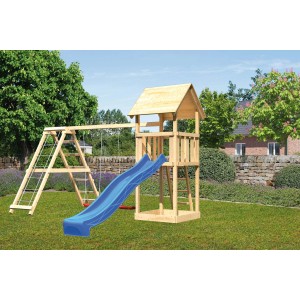 Tour de jeu Karibu Lotti avec toboggan bleu, balançoire et structure d'escalade dans le jardin.