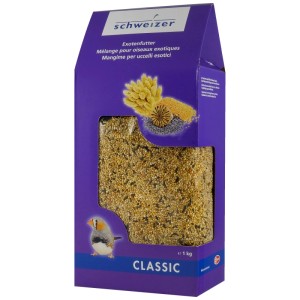 Eric Schweizer Mangime per uccelli esotici 1 kg, mix di semi per uccelli esotici in scatola blu.