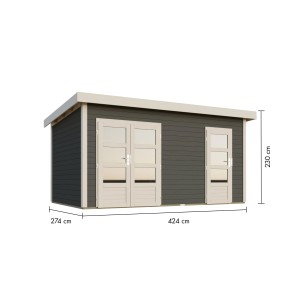Casetta da giardino in legno Karibu Glostrup, color terragrau, con tetto piatto e due porte. Dimensioni: 420 x 270 cm.