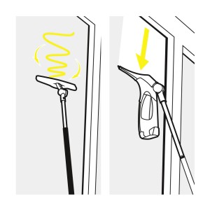 Kit d'extension Kärcher pour nettoyeurs de vitres WV/KV 4 avec lave-vitre et support, application illustrée.