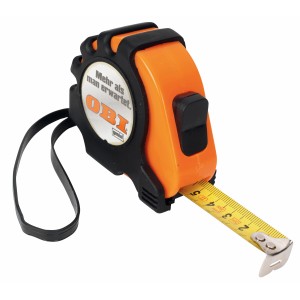 Mètre ruban OBI, 5 m, avec bouton de blocage, orange/noir, pour une mesure précise.