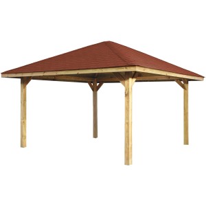 Weka Padiglione Gartenoase 651 A, 480x480 cm, con tetto rosso e pali in legno.