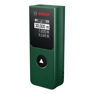 Grüner Bosch Laser-Entfernungsmesser PLM30-21 mit Digitalanzeige. Präzises Prüf- & Messwerkzeug für Entfernungen bis 30 m.