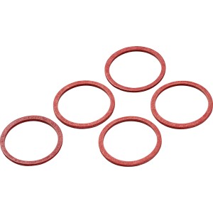 Fünf rote Fiberdichtungen, Ø 21 mm x Ø 25 mm, für Rohrleitungen und Armaturen.
