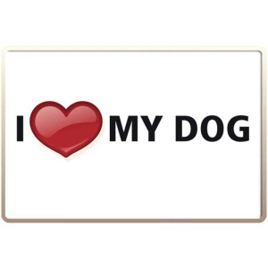 Carte postale en métal avec inscription "I love my dog" et cœur rouge, idéale pour les amoureux des chiens.