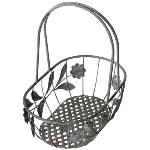 Cesto ovale in metallo con manico, grigio antico, con decoro floreale per giardino e balcone.