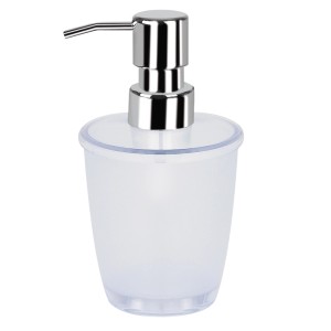 Dispenser sapone Spirella Toronto trasparente in plastica con pompa cromata.