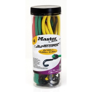 Lot de sandows Master Lock, 6 tendeurs colorés dans une boîte, longueurs variées.