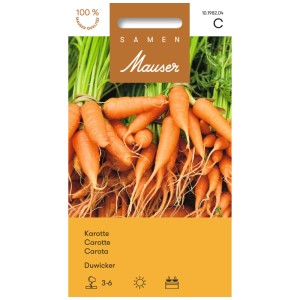 Graines Mauser Carotte Duwicker : Sachet de graines avec bouquet de carottes et feuilles vertes.
