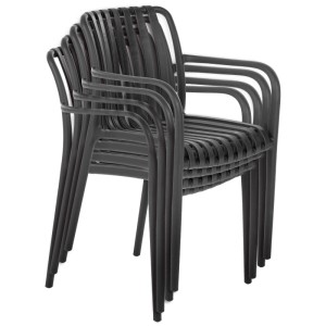 Stapelbare, anthrazitfarbene Greemotion Gartenstühle Tinto aus Kunststoff, platzsparend.