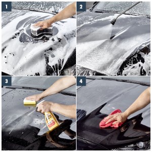 Application du Sonax High Speed Wax pour l'entretien automobile en 4 étapes.