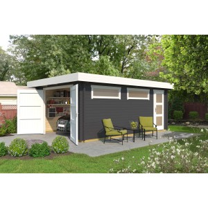 Garage singola in legno grigio grafite con porta e finestre in legno, 360x540 cm.