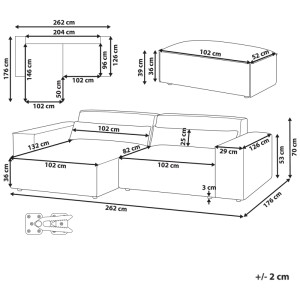 Schéma du canapé d'angle Hellnar blanc crème avec dimensions et détails de l'ottomane et de la fixation.