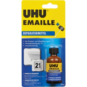 Uhu Smalto Riparatore, liquido bianco in flacone con pennello per riparare i danni.